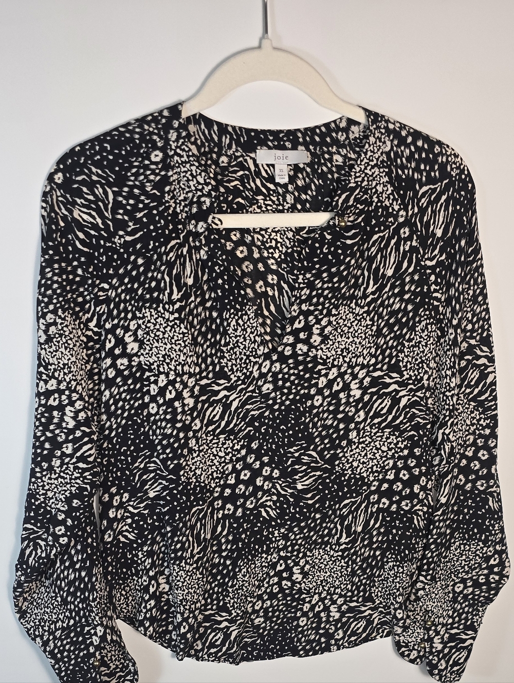 Joie Black and Cream Abstract Animal Print V-Neck Blouse